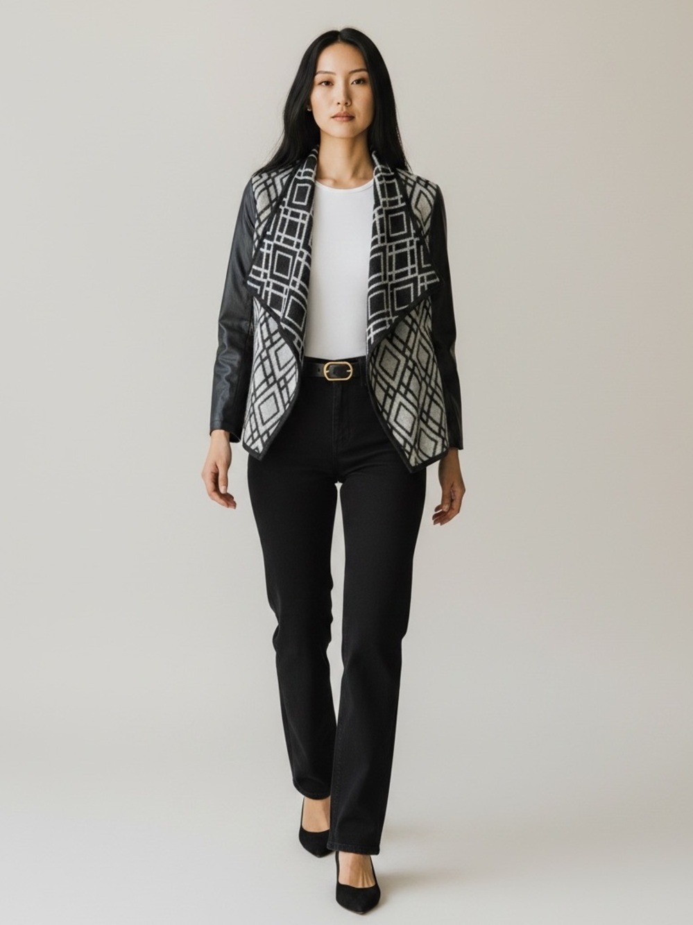Pink  Martini Jacket Faux Leather Wool Open Front Draped Moto Black Grey Small